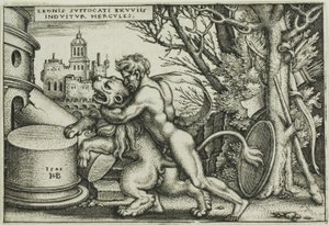ヘラクレスとネメアのライオン、『ヘラクレスの労働』より 作： Hans Sebald Beham