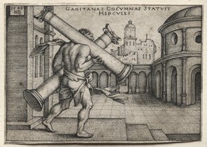 ヘラクレスの労働：ガデスの柱を運ぶヘラクレス、1545年。 作： Hans Sebald Beham