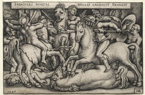 ヘラクレスの労働：トロイを征服するヘラクレス、1545年。 作： Hans Sebald Beham