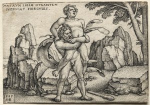 ヘラクレスの労働：ヘラクレスがアンタエウスを押しつぶす、1545年。