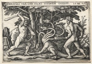 ヘラクレスの労働：ヘラクレスがレルネアンハイドラを殺す、1545年。 作： Hans Sebald Beham