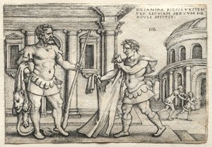 ヘラクレスの労働者：ネスソの血に染まった衣服を受け取るヘラクレス、1542年。 作： Hans Sebald Beham