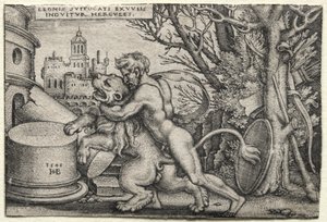 ヘラクレスの労働: ネメアのライオンを絞殺するヘラクレス 作： Hans Sebald Beham