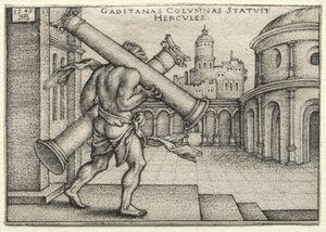 ヘラクレスの労働：ヘラクレスとガデスの柱、1545年。 作： Hans Sebald Beham