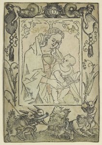 ハンターとウサギとの国境に囲まれた聖母子（木版画、水彩画で過労、羊皮紙に印刷） 作： Hans Sebald Beham