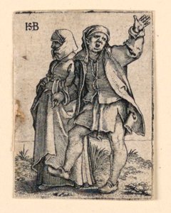 結婚式の行列: 左を歩くカップル、後ろを向いて腕を上げる男性 作： Hans Sebald Beham