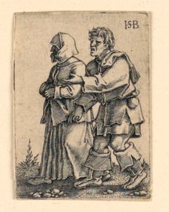 結婚式の行列: 左を歩くカップル、ボンネットをかぶった女性 作： Hans Sebald Beham