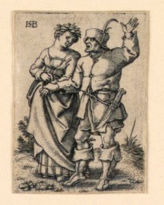 結婚式の行列: 左を歩くカップル、花輪を身に着けている女性 作： Hans Sebald Beham