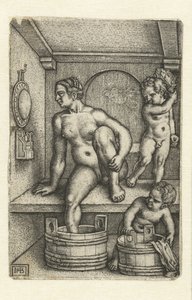 バスルームに 2 人の子供を持つ女性 作： Hans Sebald Beham