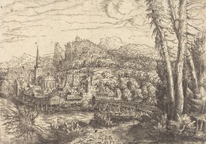 川の近くの街の眺め、1553 年。 作： Hans Sebald Lautensack