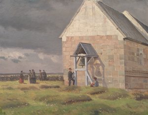 ユトランド半島のノッレ ヴィウム教会の背後に嵐が吹き荒れる 作： Hans Smidth