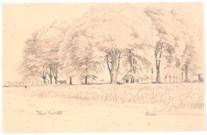 エスロムの風景、前景に橋のある小川、背景に背の高い木々と家 作： Hans Smidth