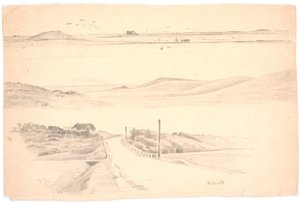 ユトランド半島の 3 つの風景を掲載した研究雑誌。 上：耕された畑のある風景。 中央: 高い丘のある風景。 下: 家と道路のある風景