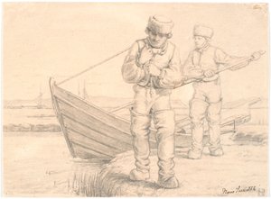 ボートを引く 2 人のリムフィヨルドの漁師 作： Hans Smidth