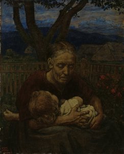 庭にいる母と子 作： Hans Thoma