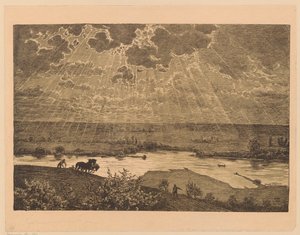 マイン川のほとりの種まく人と耕作者のいる風景 作： ハンス・トーマ