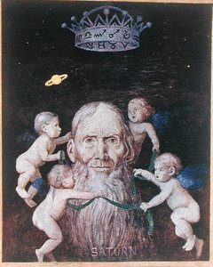 1910年にライプツィヒで出版された「Festkalender」の図版（カラーリトグラフ）に描かれた土星 作： Hans Thoma