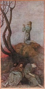 庭の苦悩」 1910年頃ライプツィヒで出版された「フェストカレンダ」の挿絵（カラーリトグラフ） 作： Hans Thoma