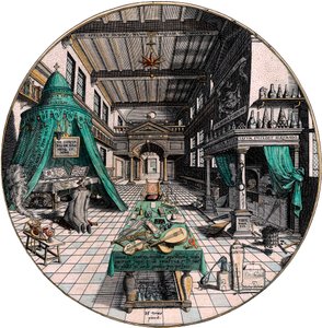 錬金術師の実験室、1595 年。 作： Hans Vredeman de Vries