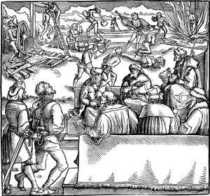 裁判所のセッション。 1532年のペトララークによる 『フィジッケ・アゲインスト・フォーチュン』のイラスト 作： Hans Weiditz the Younger