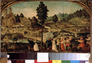 Fete de village（ヴィレッジ・フェテ）。 Hans Von Wertinger (1465-1533 年頃) による絵画。 木に油彩、22.5 x 40 cm、15 世紀後半。 ドイツの芸術、ルネッサンス。 エルミタージュ美術館、サンクトペテルブルク。 作： Hans Wertinger
