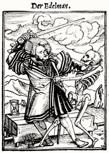 ハンス・ラッツェルバーガーによって刻まれた「死のダンス」の死と貴族、1538年頃 作： Hans after Holbein the Younger