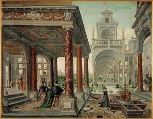 優雅な社交場を持つ宮殿建築（油彩・キャンバス）