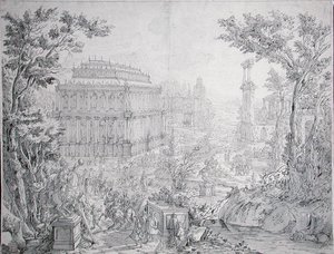 ハリカルナッソスの陵墓（ペンとインク、水彩画） 作： Hans or Jan Vredeman de Vries