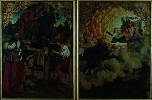 S.S.ペテロとパウロ祭壇画の物語：LtoRの聖ペテロの磔刑、天に昇る聖パウロ（パネルに油彩）（詳細） 作： Hans von Klumbach