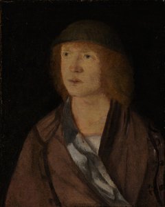 若い男の肖像、ガーランドを作る逆ガール、ca。 1508。 作： Hans von Kulmbach