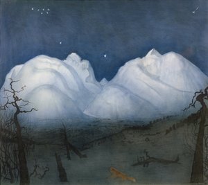山の冬の夜（紙にパステルと水彩） 作： Harald Oscar Sohlberg