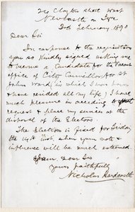 1890年2月3日、ニューカッスル・アポン・タインのセント・ジョンズ区の市議会議員に立候補することを受け入れるニコラス・ハードキャッスルからの手紙（紙にペンとインク 作： Hardcastle Nicholas
