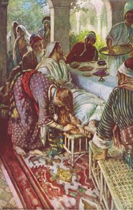 パリサイ人の家にいるキリスト、「Harold Copping Pictures:1920年代頃、カラーリトグラフ版 作： Harold Copping