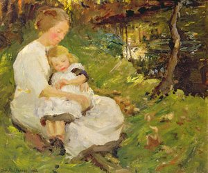 樹木が茂った風景の中の母と子 作： Harold Harvey