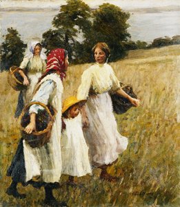 ブラックベリーの収穫、1908年頃（キャンバスに油彩） 作： Harold Harvey