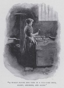 「独房のような小屋で、黙々と仕事をこなす女性」（モノクロ写真 作： Harold Hume Piffard