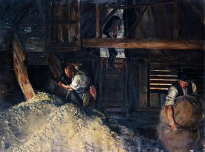 労働者たちホップを袋詰めする作業員 作： Harold Oakley