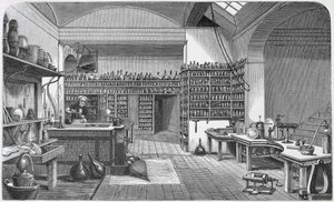 ヘンリーベンスジョーンズの「ファラデーの生涯と手紙」からの彼の地下室でのマイケルファラデー（1791-1867）、1870年、1869年公開 作： Harriet Jane Moore