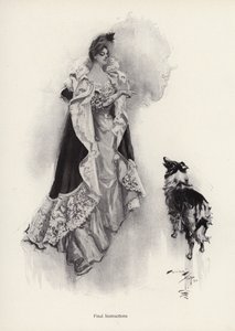 夜に出かける若い女性が、犬に指示を仰いでいる様子（リトグラフ 作： Harrison Fisher