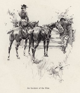 ゲートを開けるために立ち止まる馬乗りたち（リトグラフ 作： Harrison Fisher