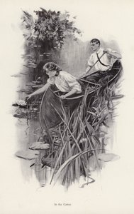 カヌーに乗る男性と女性（リトグラフ 作： Harrison Fisher