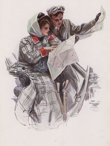 車の中で地図を読む男女（カラーリトグラフ 作： Harrison Fisher