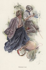 川岸で釣りをする男性とそれを見守る女性（カラーリトグラフ 作： Harrison Fisher