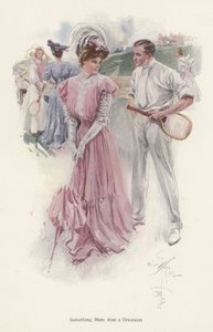 テニスの試合を中断して若い女性と話をする男性（カラーリトグラフ 作： Harrison Fisher