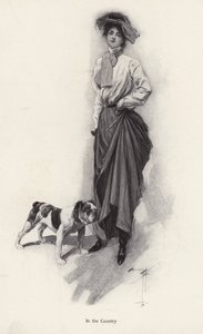 ブルドッグを連れた田舎風の服装の女性の肖像（リトグラフ 作： Harrison Fisher