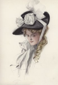 派手な帽子をかぶった女性の肖像（カラーリトグラフ 作： Harrison Fisher