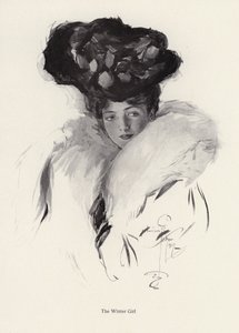 帽子と毛皮のコートを着た若い女性の肖像（リトグラフ 作： Harrison Fisher