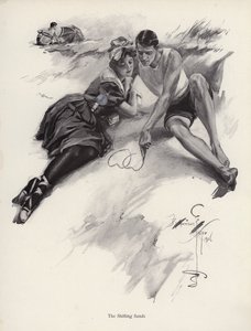 恋人同士がビーチの砂にハートを描く（リトグラフ 作： Harrison Fisher