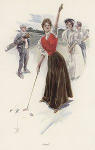コースを回る女性ゴルファー（カラーリトグラフ 作： Harrison Fisher