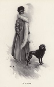 プードルを連れたロングコートの女性（リトグラフ 作： Harrison Fisher